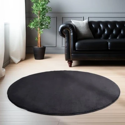 Afbeelding van Modern laagpolig tapijt, pluizig, effen, antislip, wasbaar, zacht, zwart, 160 cm, rond