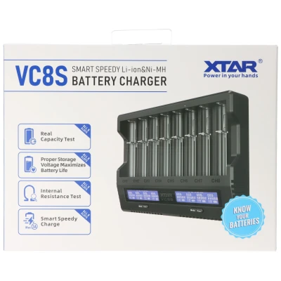 Afbeelding van XTAR VC8S 8 voudige snellader voor 1 Li Ion 3,6V en 3,7V batterijen NiMH 1,2V batterijen, USB C oplaadpoort, max. 8A totaal vermogen
