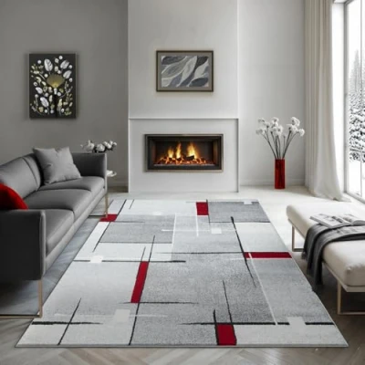 Afbeelding van the carpet Pearl Tapis moderne à poils courts pour salon, chambre coucher, contours découpés, motif géométrique, carreaux, gris/rouge, 140 x 200 cm