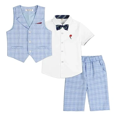 Afbeelding van LOLANTA 4 delige kinderkostuumset, zomer bruiloftskostuum voor jongens, overhemd met korte mouwen, vlinderdas, vest, shorts,, Blauw vierkanten
