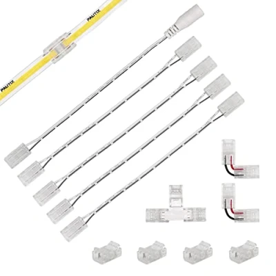 Afbeelding van PAUTIX 8 mm brede 2 polige COB led stripconnectorset, 4 transparante centrale connectoren, L vormig, 1 T vormig en 15 cm dubbele verlengdraden met DC