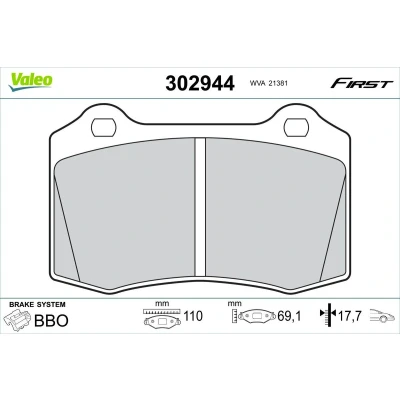 Afbeelding van VALEO 302944 Remblokkenset Vooras Excl. slijtage waarschuwingscontact Zonder schroeven, Met anti kreukplaat PEUGEOT: 208 I Hatchback, Van