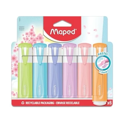 Image de Maped 6 Surligneurs Pastel Pointe Biseautée Longue Durée pour Usage Scolaire et Professionnel Orange, Violet, Bleu, Rose, Lilas Vert