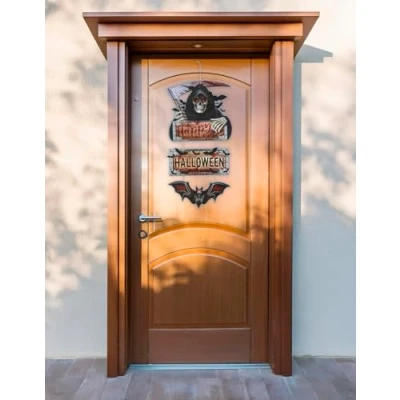 Afbeelding van Fiestas Guirca Houten happy Halloween deurbord death 3 delen 30 x 58 cm Decoratie Versiering