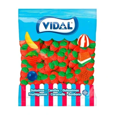 Image de Vidal Friandises fraises sauvages, bonbons en caoutchouc avec saveur et forme de fraise, couleurs vert rouge. Sac 1,5 kg