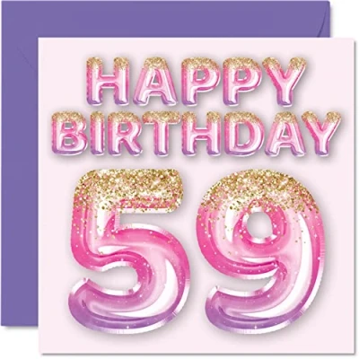 Afbeelding van Verjaardagskaart voor vrouwen Roze en paarse glitterballonnen Verjaardagskaarten 59 jaar, mama, oma, tante, 145 mm x mm, wenskaarten negenenvijftigste verjaardag