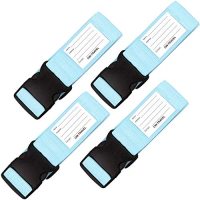 Afbeelding van OW Travel Bagageriemen voor Koffers (Blauw: 4 stuks) Goed zichtbare stevige Kofferbanden met bagagelabels. Reiskoffer riemen. Bagageriem Kofferband reis riem Kofferbagage. Tas band Kofferriem