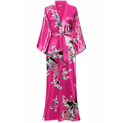 Afbeelding van Babyond Kimono voor dames met pauwenprint, lengte 135 cm, Fuchsia