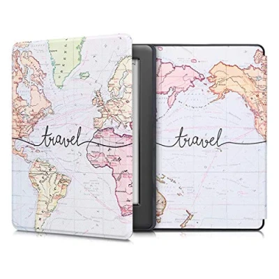 Afbeelding van kwmobile E reader hoesje geschikt voor Kobo Glo HD / Touch 2.0 hoes flip case met magnetische sluiting Ereader cover Travel Wereldkaart design in zwart meerkleurig