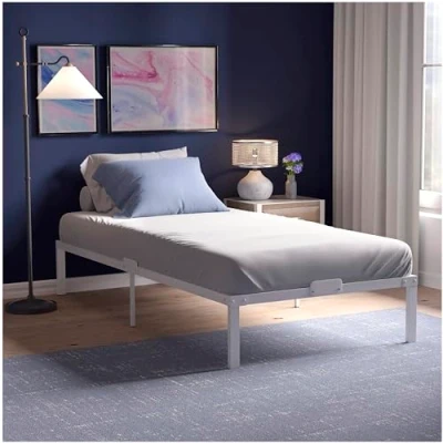 Afbeelding van Dreamzie Bedframe 90x190 met Witte Metalen Lattenbodem Basis Poten Hoogte 41 cm Bestand, Eenvoudige Montage, Grote Opbergcapaciteit