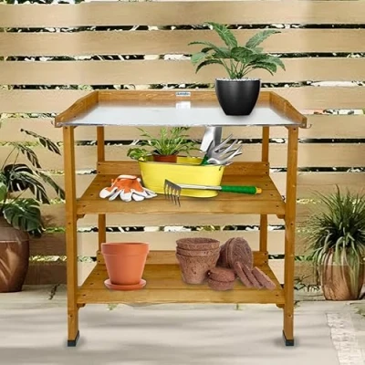 Afbeelding van Lendo Online Oppottafel Tuinwerktafel Plantentafel Werktafel voor tuin Tuinwerkbank met gegalvaniseerd werkblad 76x37x92 cm vurenhout bruin