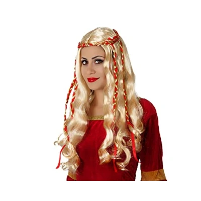 Afbeelding van Lange blonde pruik met rode linten voor vrouwen Verkleedpruik