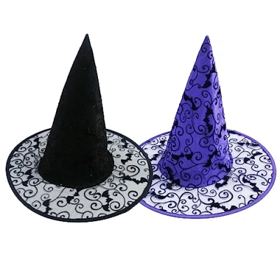 Afbeelding van Halloween heksenhoed / tovenaarshoed set van 2 (zwart en paars)