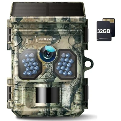 Afbeelding van WOLFANG Jachtcamera op zonne energie, 4 K, 48 MP, met micro SD kaart, U3, 32 GB, nachtzicht, IP66, waterdicht, voor bewaking van dieren in het wild en veiligheid binnenshuis