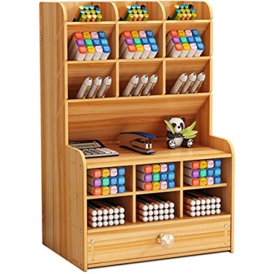Afbeelding van Houten bureau organizer Multifunctioneel bureaublad briefpapier Pennenhouder Doos voor thuiskantoor Schoolbenodigdheden Opbergrek met lade (Kers b16)