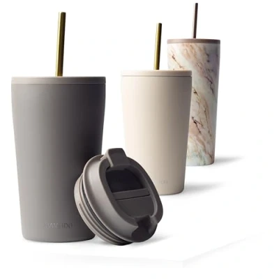 Afbeelding van Mameido Thermosbeker met rietje, 470 ml, waterdichte koffiethermos, van roestvrij staal, BPA vrije thermobeker, koffiebruin (Taupe Grey, 0,47 l)