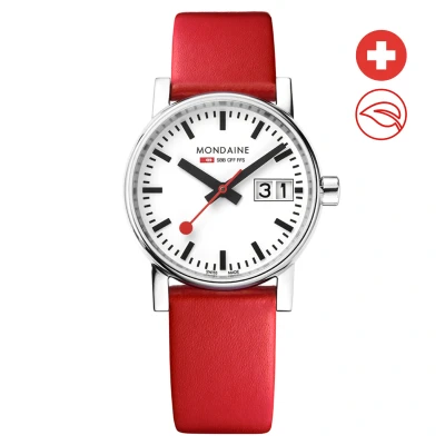 Afbeelding van Mondaine MSE.30210.LC Evo II Dames Horloge Stationsklok Saffierglas Roestvrijstaal/Leer Zilver/Rood Ø 30 mm Quartz 3 ATM (spatwater)