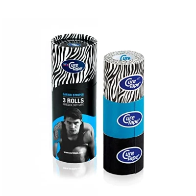 Afbeelding van My CureTape® Safari Stripes, koker met 3 rollen Zebra, zwart en blauw Kinesiotape FysioTape