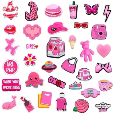 Afbeelding van JOOTUEPO 35 stuks roze pvc bedels voor schoenen, armbanden en klompen kinderen, volwassenen, tieners, verjaardagsfeest, polyvinylchloride, Polyvinylchloride