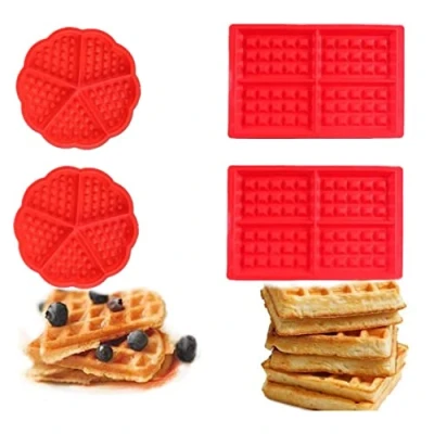 Afbeelding van Voarge Set van 4 siliconen wafelvormen Cakevorm Snoepvorm Rood Hart en rechthoekig