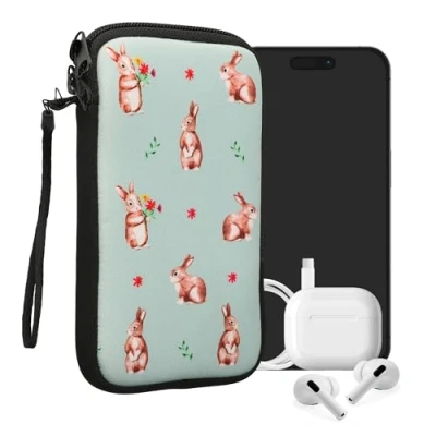 Afbeelding van kwmobile hoesje voor smartphones L 6,5&quot; hoes van Neopreen Konijntjes en Bloemen design wit / bruin grijsgroen binnenmaat 16,5 x 8,9 cm