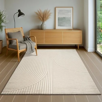 Afbeelding van the carpet Everest Modern laagpolig tapijt voor woonkamer en slaapkamer, hoog laag effect, 3D hoge pooldichtheid, zacht aanvoelend, design panglao, beige, 160 x 230 cm
