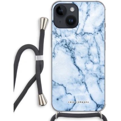 Afbeelding van Case Company® hoesje met Koord geschikt voor iPhone 14 Blauw marmer Telefoonhoesje Zwart Extra Bescherming aan alle Kanten en Over de Schermrand