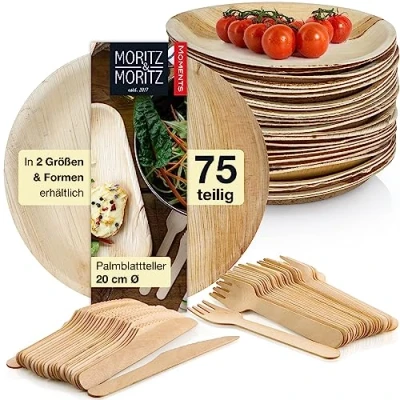 Afbeelding van Moritz &amp; Rond servies van palmblad 75 stuks Ø 20 cm met wegwerpbestek 25 duurzame wegwerpborden alternatief voor bamboe en borden