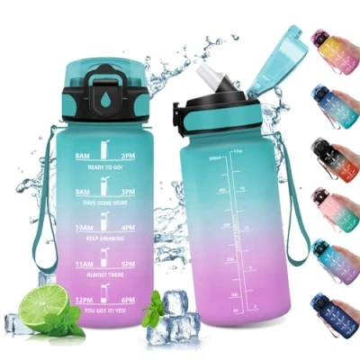 Afbeelding van bouteille d&#039;eau 500 ml, réutilisable, avec paille, anti fuite, indicateur de temps, bouteilles pour enfants, vélo, école, fitness, sport