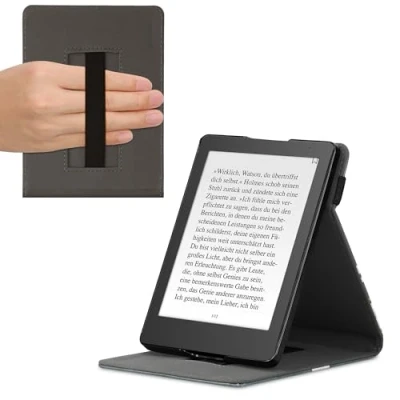 Afbeelding van kwmobile e reader hoesje geschikt voor Kobo Aura Edition 2 hoes Ereader flip case met standaard Kunstleren cover Magnolia design in taupe / wit donkergrijs