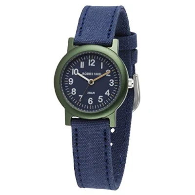 Afbeelding van JACQUES FAREL ORG 0304 Milieuvriendelijk kinderhorloge met armband van biologisch katoen voor jongens analoog aluminium kwarts, donkerblauw/olijfgroen, riem