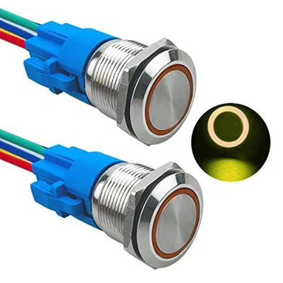 Afbeelding van Aiqeer 2 stuks 19 mm drukknopschakelaar, 12 V/24 V 5 A, drukknopschakelaar van roestvrij staal, waterdicht IP67, met voorbedrade stekker (gele led)