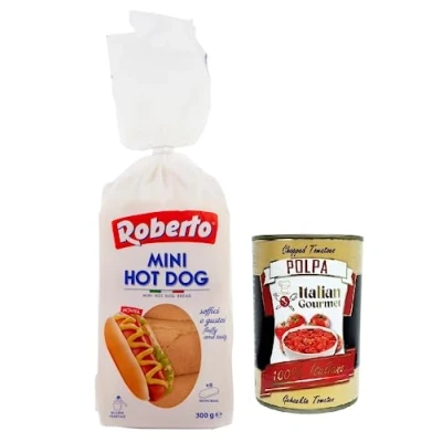 Afbeelding van Roberto Set van 3 mini hotdogbroodjes, 300 g, elke verpakking bevat 8 hotdogs + Italian Gourmet Polpa di Pomodoro 400 g