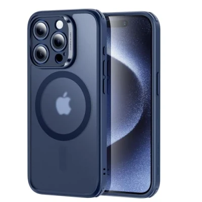 Afbeelding van ESR Beschermhoes voor iPhone 15 Pro met 1 gehard glas en camerabescherming, 5 in beschermhoes, transparant mat, compatibel MagSafe, militaire bescherming, klassieke serie, donkerblauw