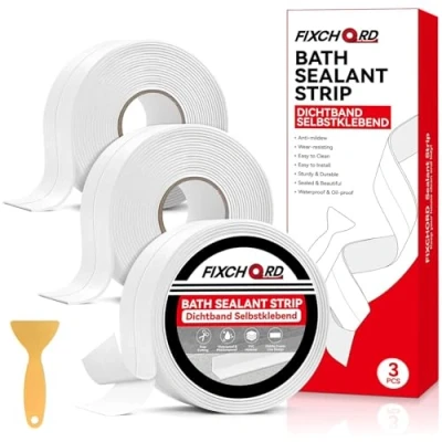 Afbeelding van FIXCHORD Afdichting voor badkamer, 3 rollen siliconen afdichting, wit, afdichtingstape keuken, toilet, met afdichtingsgereedschap, transparant, 9,6 m x 38 mm