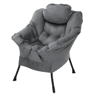 Afbeelding van Relax fauteuil antraciet met armleuningen en dik hoofdkussen metalen frame Loungestoel tot 120 kg ML design