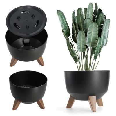 Afbeelding van KADAX Ronde bloempot van kunststof met drie steekhouders, voor balkon, woonkamer, diameter 39,5 cm, zwart