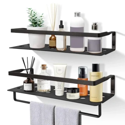 Afbeelding van Uten Set van 2 zwevende aluminium wandplanken om op te hangen voor slaapkamer, keuken, badkamer, woonkamer, thuiskantoor, zwart
