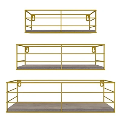 Afbeelding van EYMPEU Set van 3 houten wandplanken met goudkleurig metaal, geschikt voor keukens, badkamers, woonkamers, kantoren
