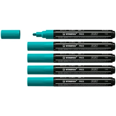 Afbeelding van STABILO FREE Acryl Marker T300 Ronde Punt 2 3 mm Turquoise Groen Doos 5 stuks