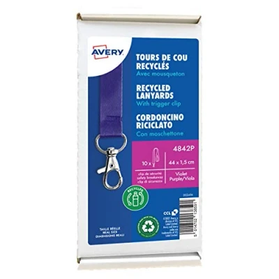Afbeelding van AVERY Box met 10 gerecyclede schouderbanden, paars, karabijnhaak, 44 cm lang x 1,5 breed. (4842P)