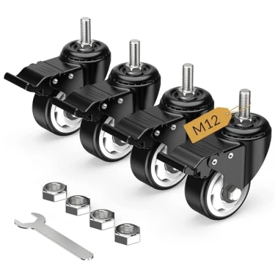 Afbeelding van HOLKIE Set van 4 zwenkwielen met totale vergrendelingsstang 75 mm, M12 x 1,75 30 mm (schachtdiameter 12 schachtlengte mm) schroefdraadwielen remmen, zwart