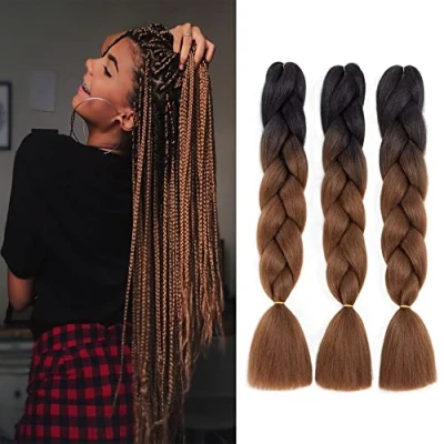 Afbeelding van FanYu 3 verpakkingen Ombre Kanekalon Vlechten Haar Jumbo Synthetisch 24 Inch Twist Haarverlenging voor (Zwart Donkerbruin)