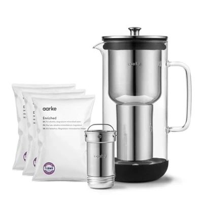 Image de Aarke Purifier, Carafe d&#039;eau Filtrante en Verre et Acier Inoxydable, 2.4L + Lot De 3 Sachets Recharge Filtres Enriched