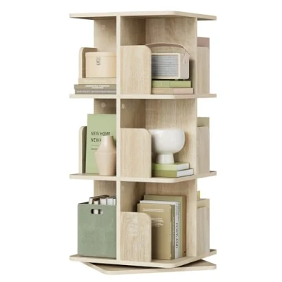 Afbeelding van EUGAD Boekenkast met 3 niveaus, 12 vakken, 360 graden draaibaar, voor woonkamer, kantoor, 40 x 94,5 cm, licht eiken