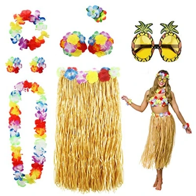 Afbeelding van PHOGARY 8 stuks hoelarok, accessoireset voor Hawaii Luau Party hoela dans met bloem, bikini, Hawaiiaanse lei, hibiscus haarclip, zonnebril (geel, één maat)