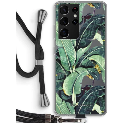 Afbeelding van hoesje met Koord geschikt voor Samsung Galaxy S21 Ultra Bananenbladeren Telefoonhoesje Zwart Bescherming aan alle Kanten en Over de Schermrand