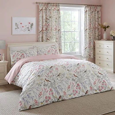 Afbeelding van Dreams &amp; Drapes roze Dekbedovertrek met bloemen en vogel Super King Size (260 x 220 cm) Omkeerbaar (2 motieven) 3 delig Vintage bloemenbeddengoed in Lente