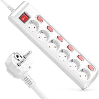 Afbeelding van deleyCON Stekkerdoos, 6 stopcontacten, afzonderlijk schakelbaar, kabel 3,0 m (6 x aan/uit schakelaar en 1 hoofdschakelaar), elektrische draadstroom, meervoudig stopcontact, wit