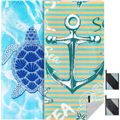 Afbeelding van Strandhanddoek XXL 2 delige set 90 x 180 cm, grote sneldrogende microvezel handdoek, zandvrije badhanddoek, stranddeken voor vrouwen (schildpad + anker)